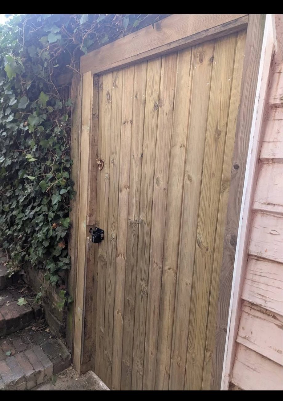 Framed ledged and braced timber side door fitted beside ivy-covered steps